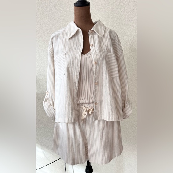 Allie Rose Pants - Allie Rose Beige Striped Linen set w/Beige Workshop tank sweater 3 piece set